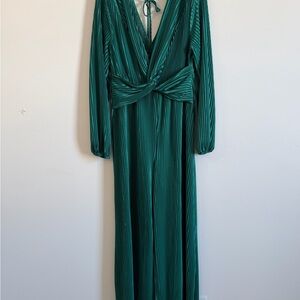 SHEIN Emerald Green Pleated Long Sleeve Wide Leg Romper